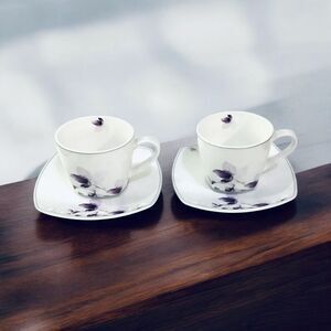 Nano Cups & Saucers Purple Floral Coffee Tea Dinnerware Set Of 2